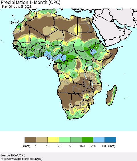 Africa Precipitation 1-Month (CPC) Thematic Map For 5/26/2023 - 6/25/2023