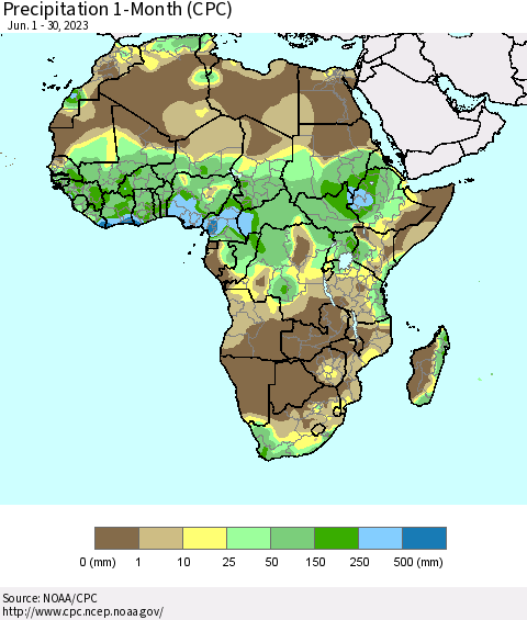 Africa Precipitation 1-Month (CPC) Thematic Map For 6/1/2023 - 6/30/2023