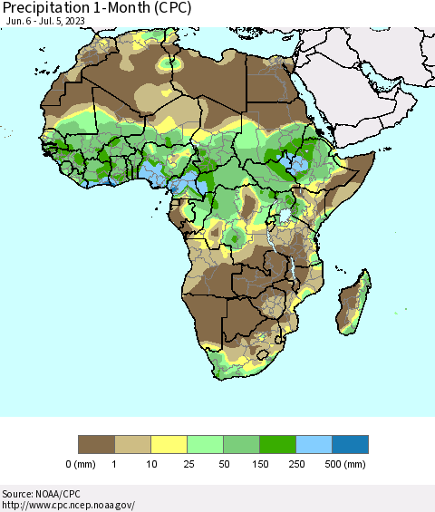 Africa Precipitation 1-Month (CPC) Thematic Map For 6/6/2023 - 7/5/2023