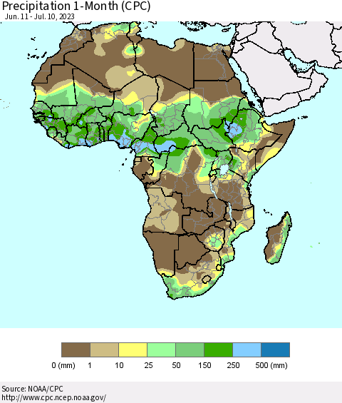 Africa Precipitation 1-Month (CPC) Thematic Map For 6/11/2023 - 7/10/2023