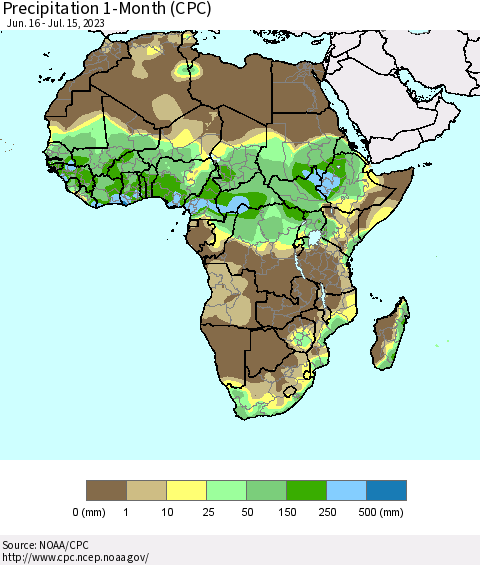 Africa Precipitation 1-Month (CPC) Thematic Map For 6/16/2023 - 7/15/2023