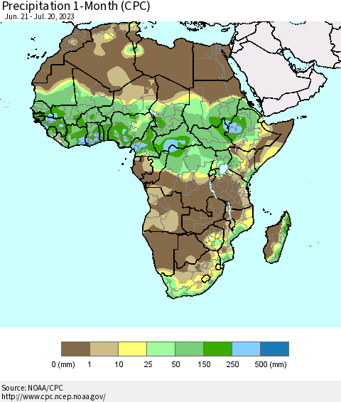 Africa Precipitation 1-Month (CPC) Thematic Map For 6/21/2023 - 7/20/2023