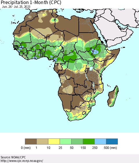 Africa Precipitation 1-Month (CPC) Thematic Map For 6/26/2023 - 7/25/2023
