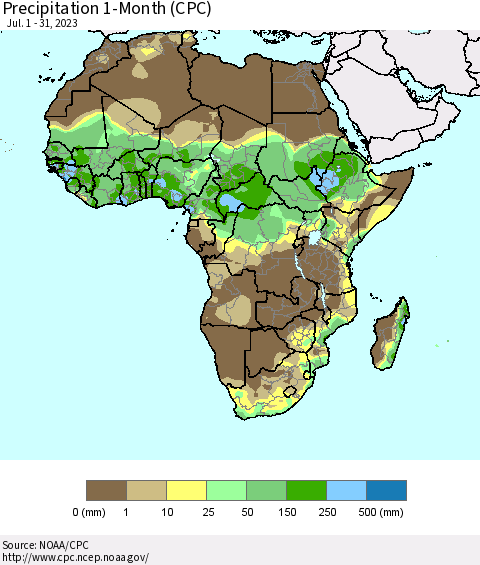Africa Precipitation 1-Month (CPC) Thematic Map For 7/1/2023 - 7/31/2023