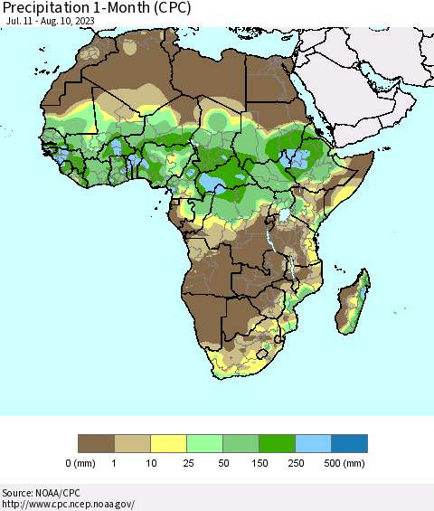 Africa Precipitation 1-Month (CPC) Thematic Map For 7/11/2023 - 8/10/2023