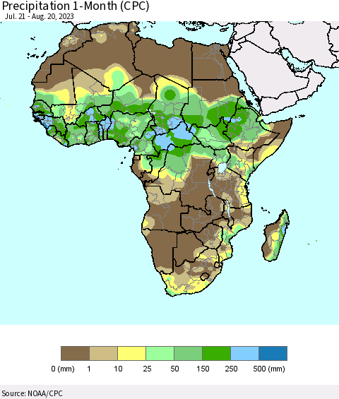 Africa Precipitation 1-Month (CPC) Thematic Map For 7/21/2023 - 8/20/2023