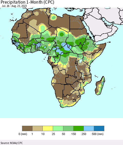 Africa Precipitation 1-Month (CPC) Thematic Map For 7/26/2023 - 8/25/2023