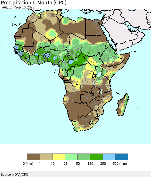 Africa Precipitation 1-Month (CPC) Thematic Map For 8/11/2023 - 9/10/2023