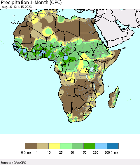 Africa Precipitation 1-Month (CPC) Thematic Map For 8/16/2023 - 9/15/2023