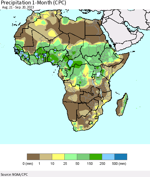 Africa Precipitation 1-Month (CPC) Thematic Map For 8/21/2023 - 9/20/2023