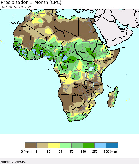 Africa Precipitation 1-Month (CPC) Thematic Map For 8/26/2023 - 9/25/2023