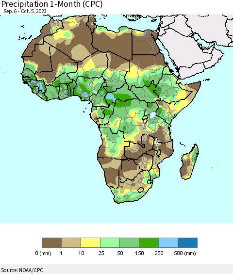 Africa Precipitation 1-Month (CPC) Thematic Map For 9/6/2023 - 10/5/2023