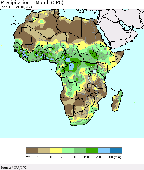Africa Precipitation 1-Month (CPC) Thematic Map For 9/11/2023 - 10/10/2023