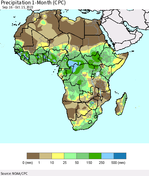 Africa Precipitation 1-Month (CPC) Thematic Map For 9/16/2023 - 10/15/2023