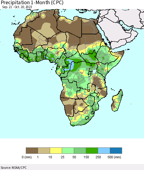 Africa Precipitation 1-Month (CPC) Thematic Map For 9/21/2023 - 10/20/2023