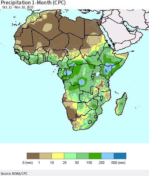 Africa Precipitation 1-Month (CPC) Thematic Map For 10/11/2023 - 11/10/2023