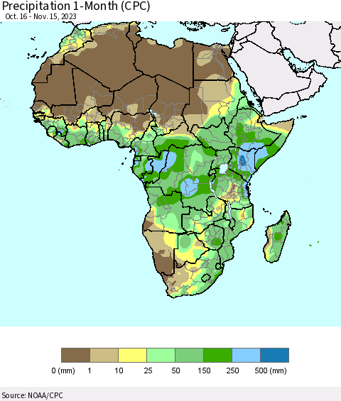 Africa Precipitation 1-Month (CPC) Thematic Map For 10/16/2023 - 11/15/2023