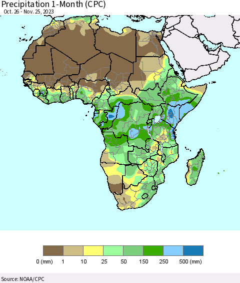 Africa Precipitation 1-Month (CPC) Thematic Map For 10/26/2023 - 11/25/2023