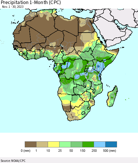 Africa Precipitation 1-Month (CPC) Thematic Map For 11/1/2023 - 11/30/2023