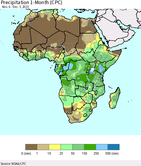 Africa Precipitation 1-Month (CPC) Thematic Map For 11/6/2023 - 12/5/2023