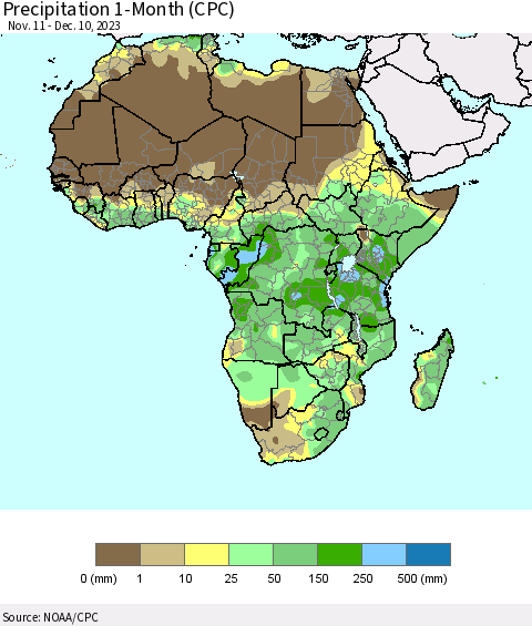 Africa Precipitation 1-Month (CPC) Thematic Map For 11/11/2023 - 12/10/2023