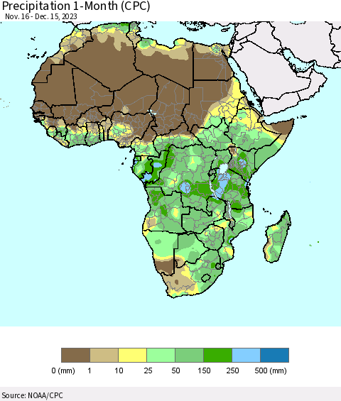 Africa Precipitation 1-Month (CPC) Thematic Map For 11/16/2023 - 12/15/2023