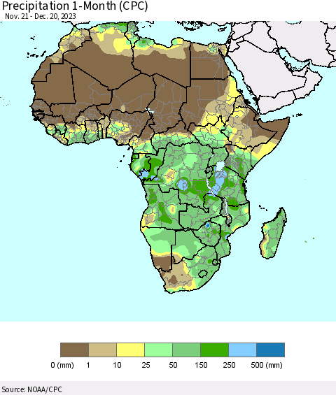 Africa Precipitation 1-Month (CPC) Thematic Map For 11/21/2023 - 12/20/2023