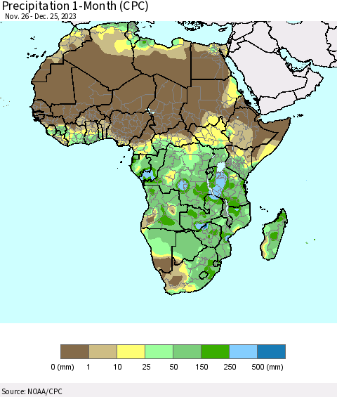 Africa Precipitation 1-Month (CPC) Thematic Map For 11/26/2023 - 12/25/2023