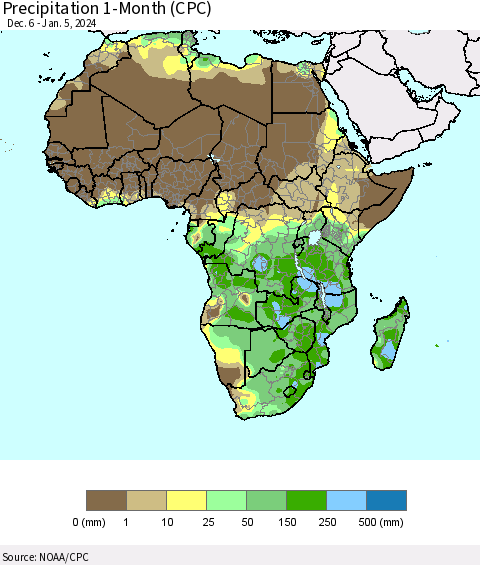 Africa Precipitation 1-Month (CPC) Thematic Map For 12/6/2023 - 1/5/2024