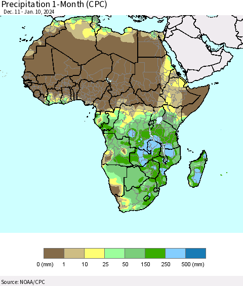 Africa Precipitation 1-Month (CPC) Thematic Map For 12/11/2023 - 1/10/2024