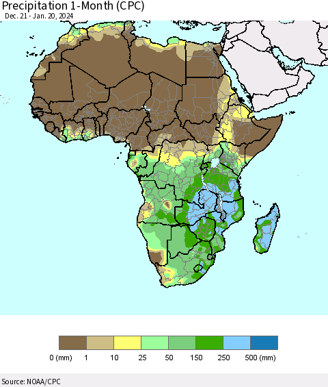 Africa Precipitation 1-Month (CPC) Thematic Map For 12/21/2023 - 1/20/2024