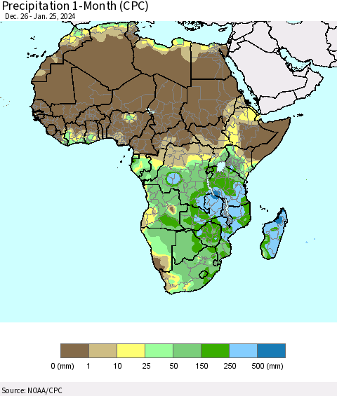 Africa Precipitation 1-Month (CPC) Thematic Map For 12/26/2023 - 1/25/2024