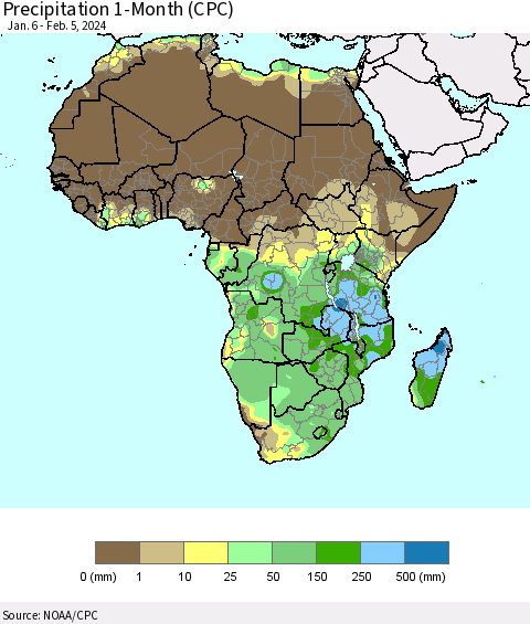 Africa Precipitation 1-Month (CPC) Thematic Map For 1/6/2024 - 2/5/2024