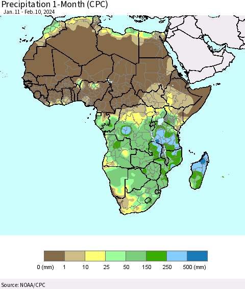 Africa Precipitation 1-Month (CPC) Thematic Map For 1/11/2024 - 2/10/2024