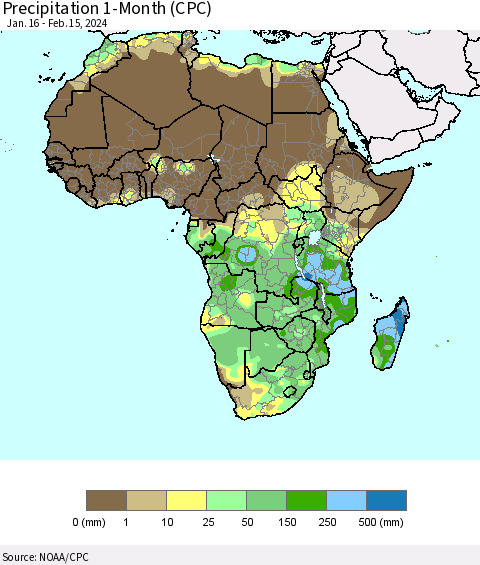 Africa Precipitation 1-Month (CPC) Thematic Map For 1/16/2024 - 2/15/2024