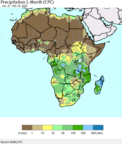 Africa Precipitation 1-Month (CPC) Thematic Map For 1/21/2024 - 2/20/2024