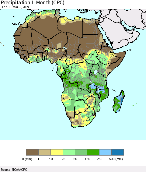 Africa Precipitation 1-Month (CPC) Thematic Map For 2/6/2024 - 3/5/2024