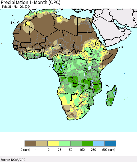 Africa Precipitation 1-Month (CPC) Thematic Map For 2/21/2024 - 3/20/2024