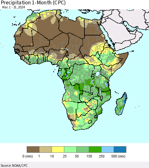 Africa Precipitation 1-Month (CPC) Thematic Map For 3/1/2024 - 3/31/2024