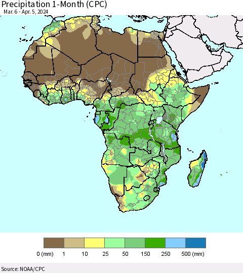Africa Precipitation 1-Month (CPC) Thematic Map For 3/6/2024 - 4/5/2024
