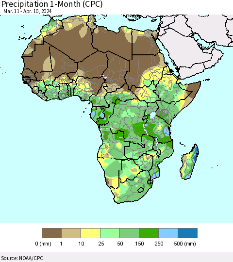 Africa Precipitation 1-Month (CPC) Thematic Map For 3/11/2024 - 4/10/2024