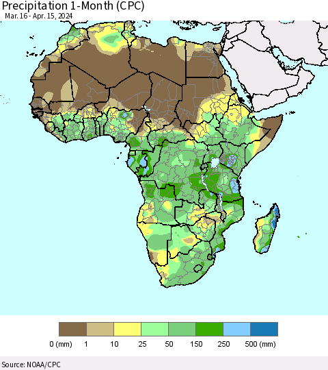 Africa Precipitation 1-Month (CPC) Thematic Map For 3/16/2024 - 4/15/2024