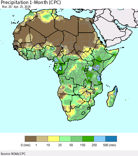 Africa Precipitation 1-Month (CPC) Thematic Map For 3/26/2024 - 4/25/2024