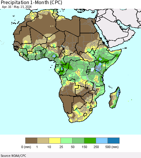 Africa Precipitation 1-Month (CPC) Thematic Map For 4/16/2024 - 5/15/2024