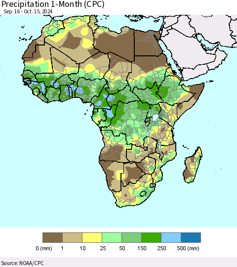 Africa Precipitation 1-Month (CPC) Thematic Map For 9/16/2024 - 10/15/2024