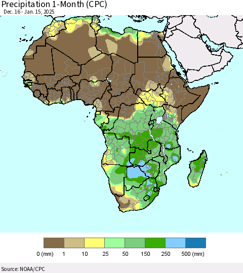 Africa Precipitation 1-Month (CPC) Thematic Map For 12/16/2024 - 1/15/2025