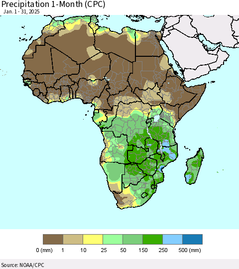 Africa Precipitation 1-Month (CPC) Thematic Map For 1/1/2025 - 1/31/2025