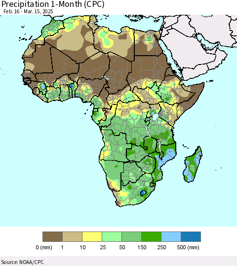 Africa Precipitation 1-Month (CPC) Thematic Map For 2/16/2025 - 3/15/2025