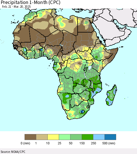 Africa Precipitation 1-Month (CPC) Thematic Map For 2/21/2025 - 3/20/2025