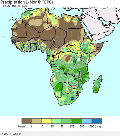 Africa Precipitation 1-Month (CPC) Thematic Map For 2/26/2025 - 3/25/2025
